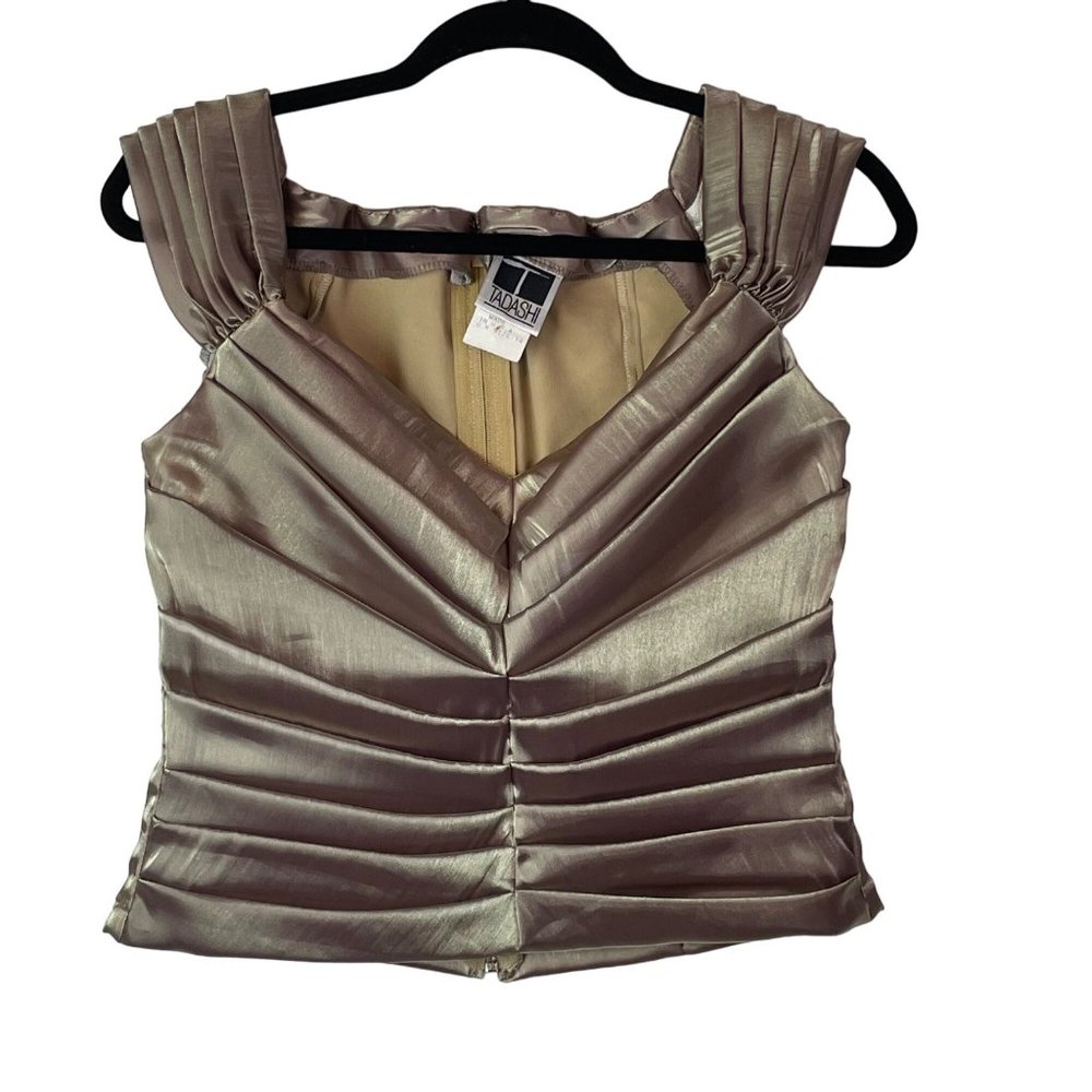 Tadashi Top Blouse Bronze Brown Satin Vintage Ruched V Neck Off Shoulder Size 14